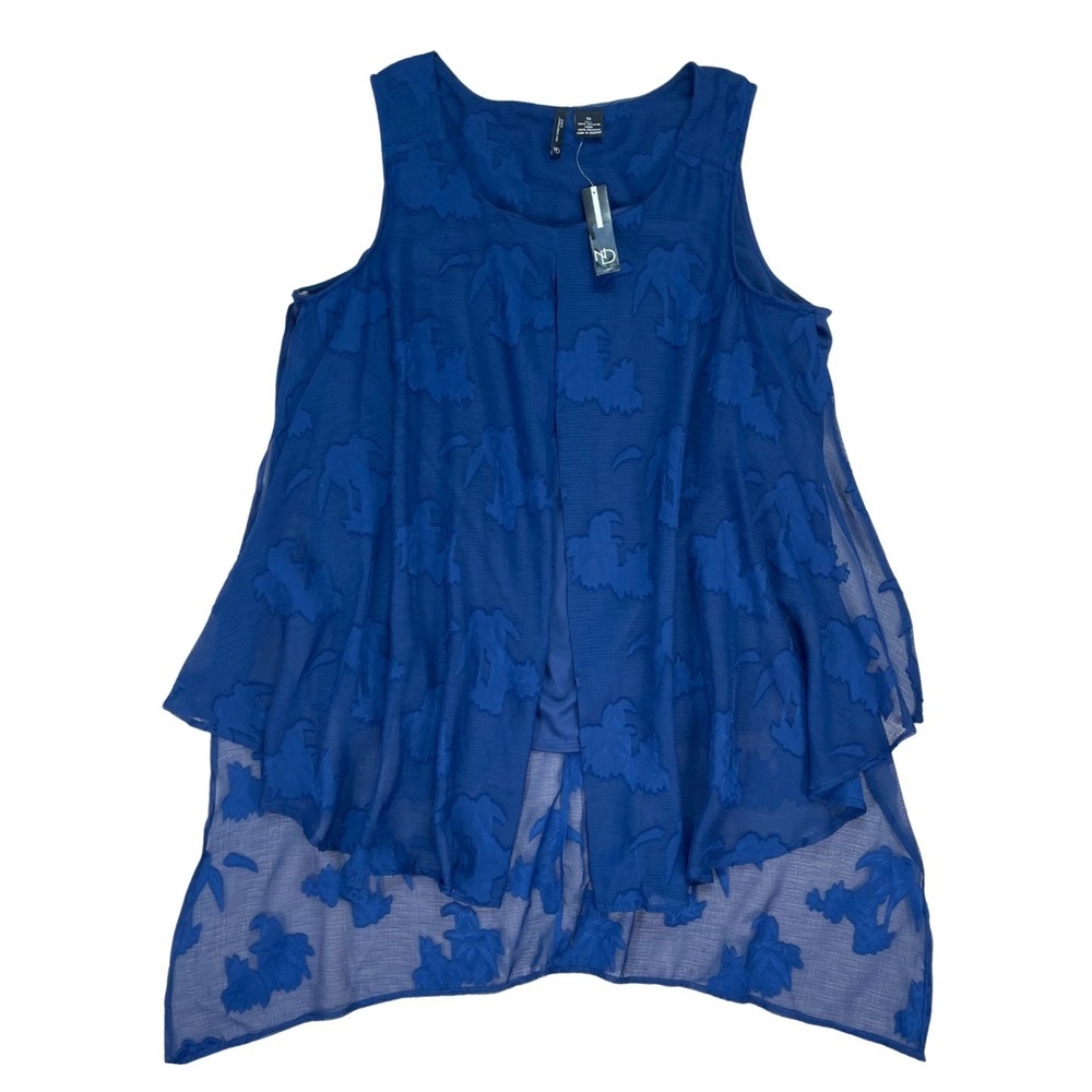 Women Blue Floral Tiered Overlay Sleeveless Flowy Tank Top Sz 1X Whimsical